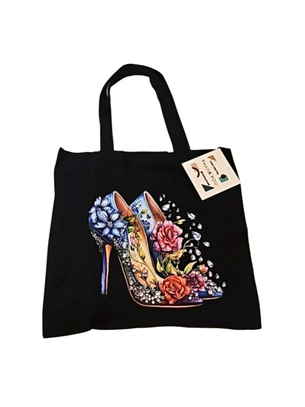 Hand Crafted Reusable Black Canvas Tote Bag 100% Cotton Floral Blue Heels 13x13"